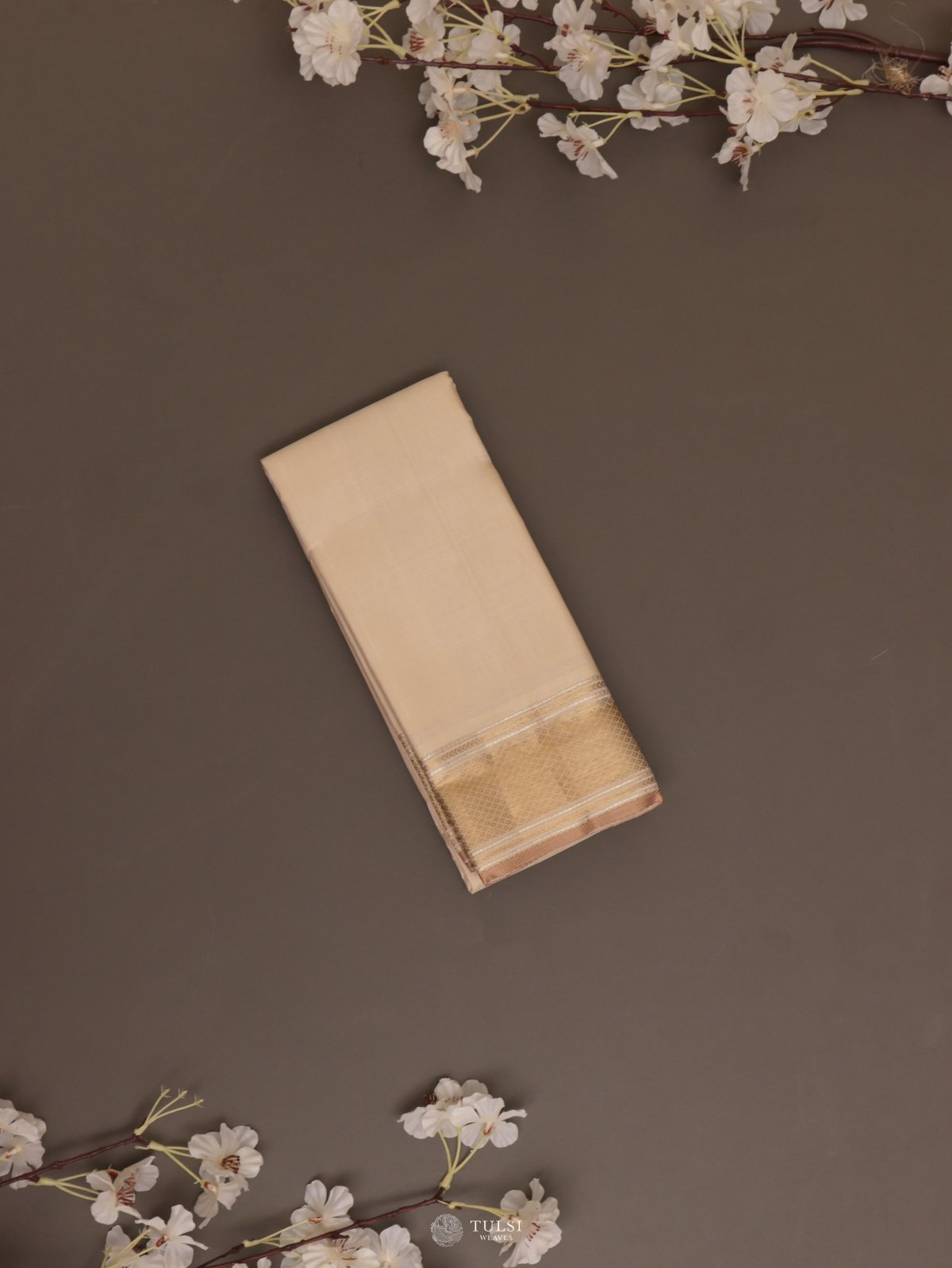 Beige Silk Dhoti With Zari Border