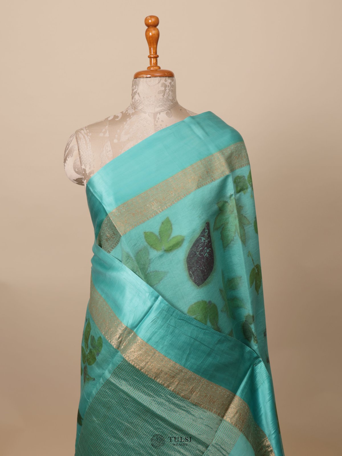 Sea Green Eco Print Silk Saree With Satin Border