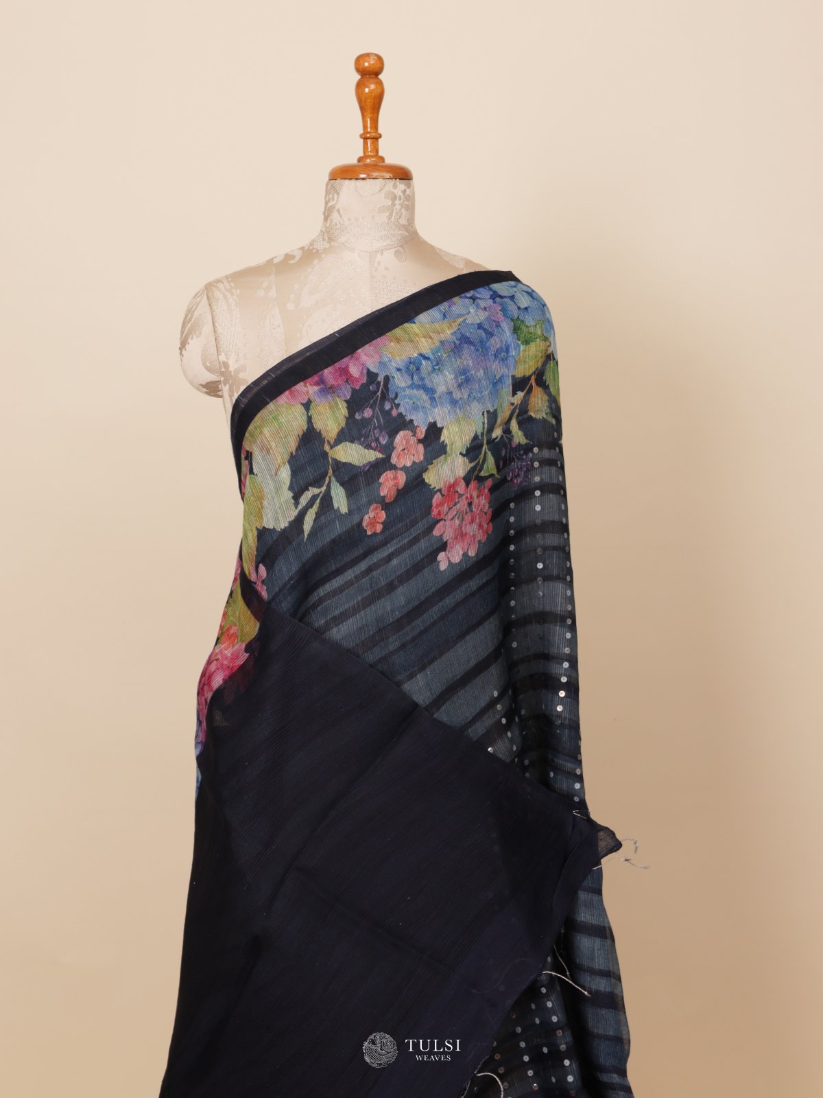 Navy Blue Kora Jute Saree with Floral Print