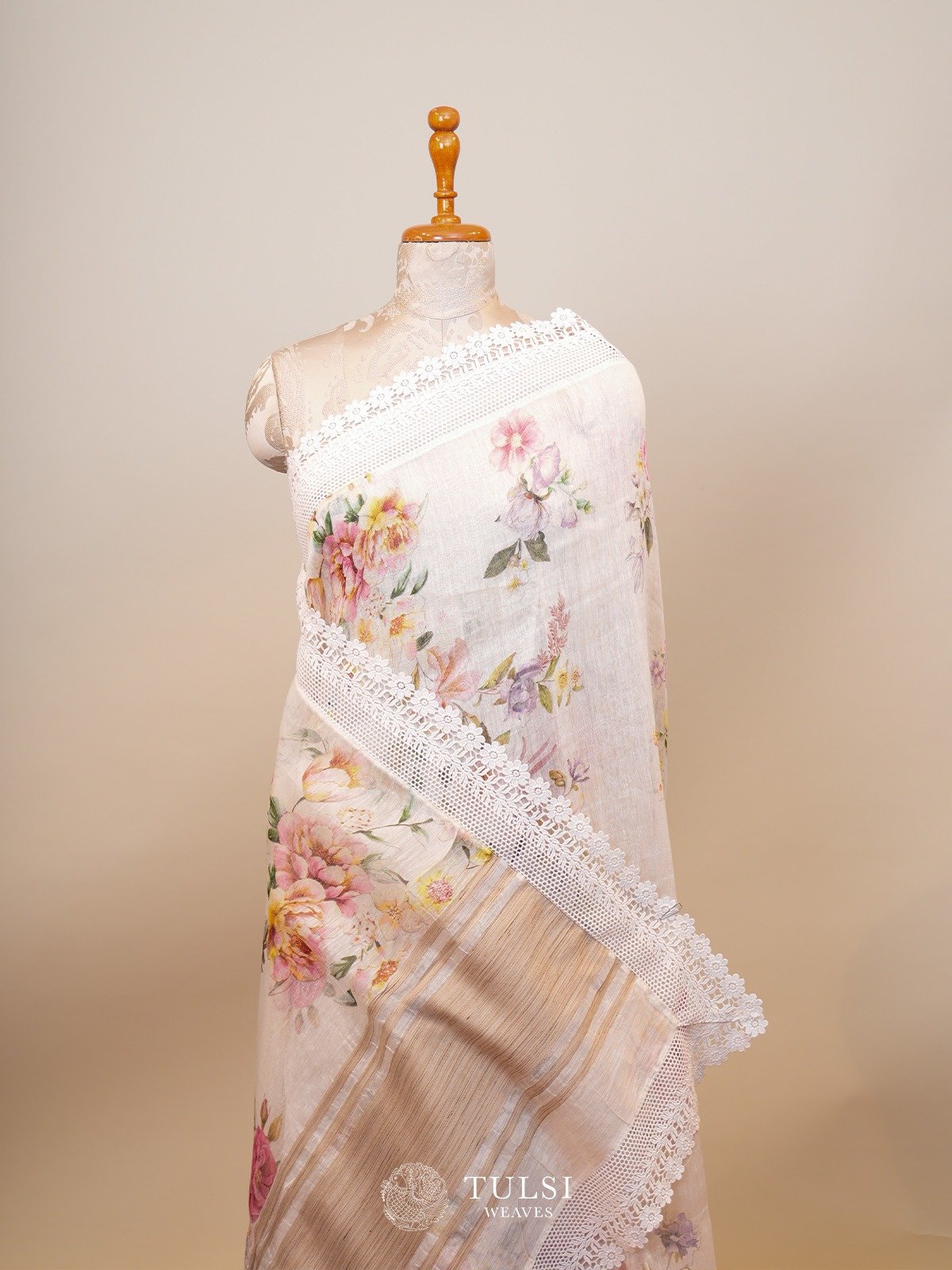 White Printed Linen Silk Saree