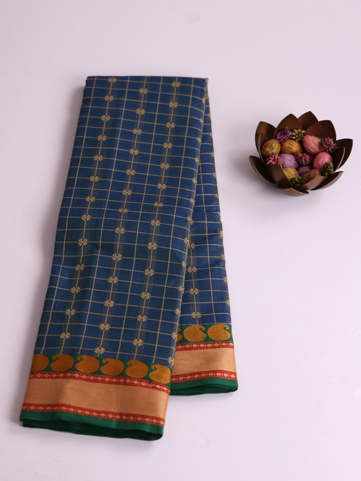 Peacock Blue Checked Kanchi Cotton Saree With Threadwork Border
