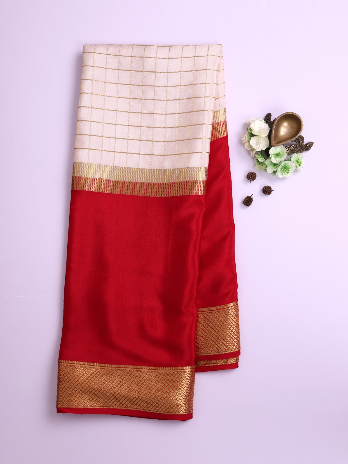 Off- White Zari Checked Mysore Silk Saree With Red Border