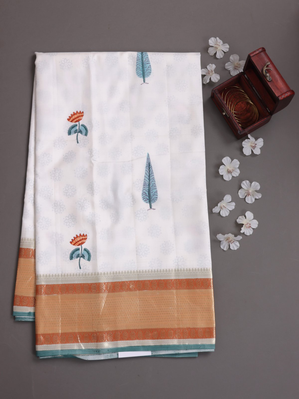 White Block Printed Kanjeevaram Silk Saree With Rust Orange Zari Border