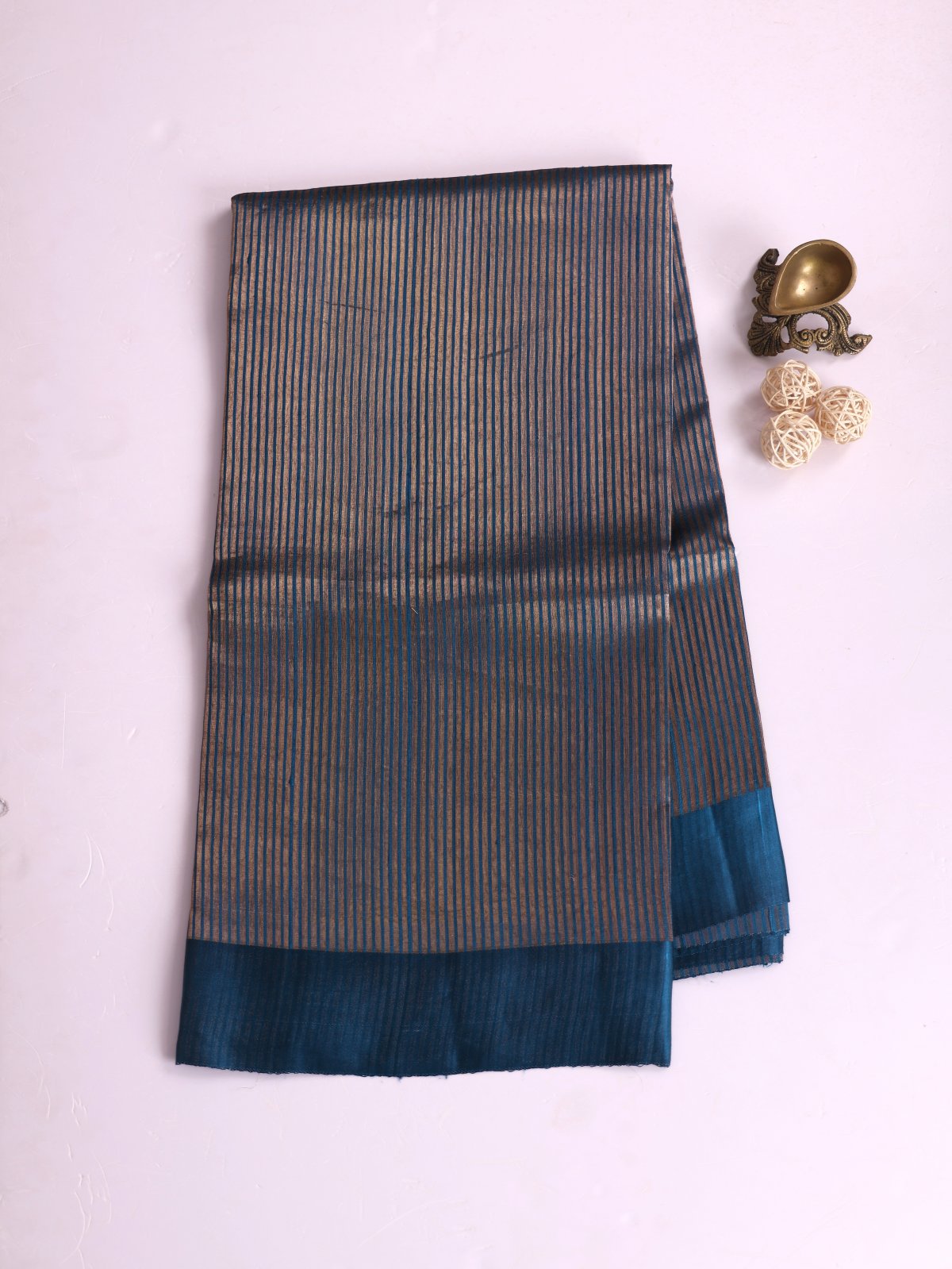 Dark Peacock Blue Zari Striped Organza Silk Saree With Satin Border