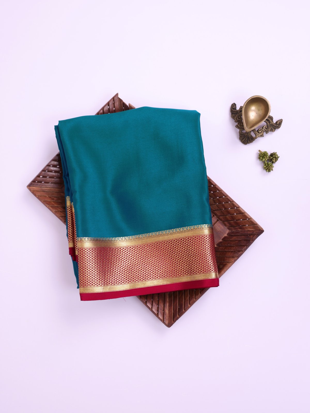 Peacock Blue Mysore Silk Saree with Pinkish Red Zari Border