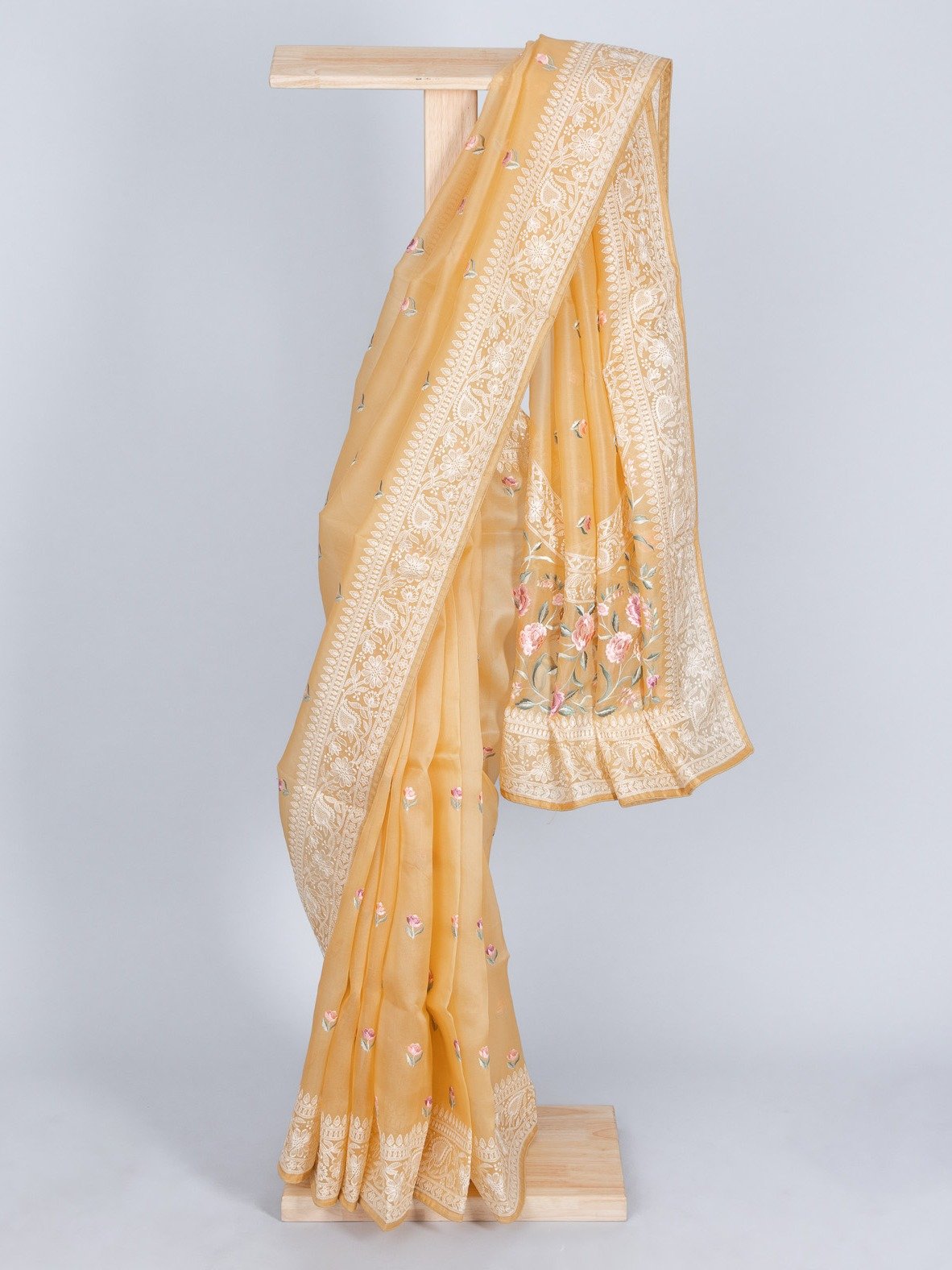 Light Yellow Organza Saree With Floral Embroidery