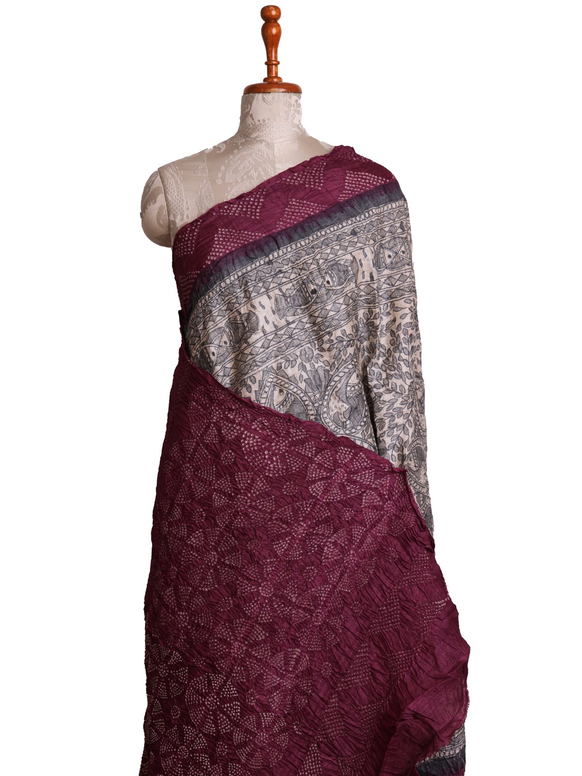 Beige Madhubani Printed Tussar Silk Saree With Burgundy Bandhini Border