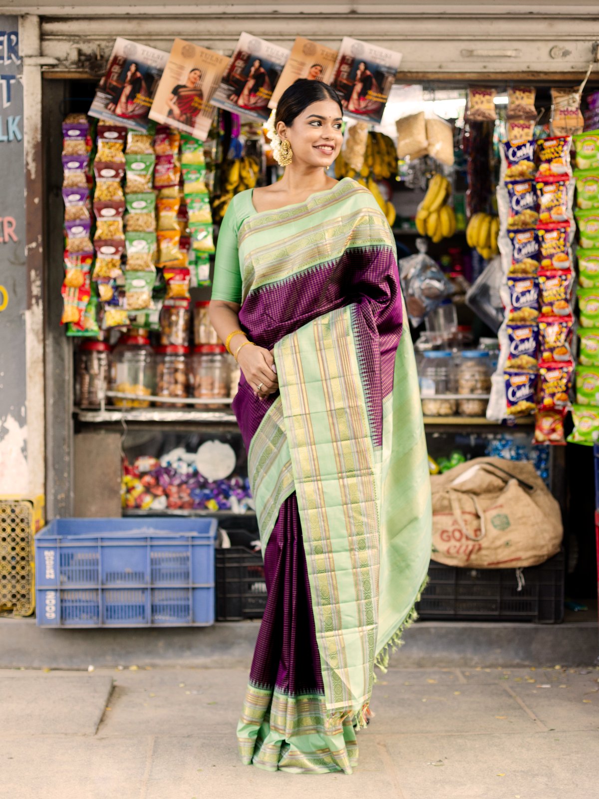 Violet Checked Kanjeevaram Silk Saree