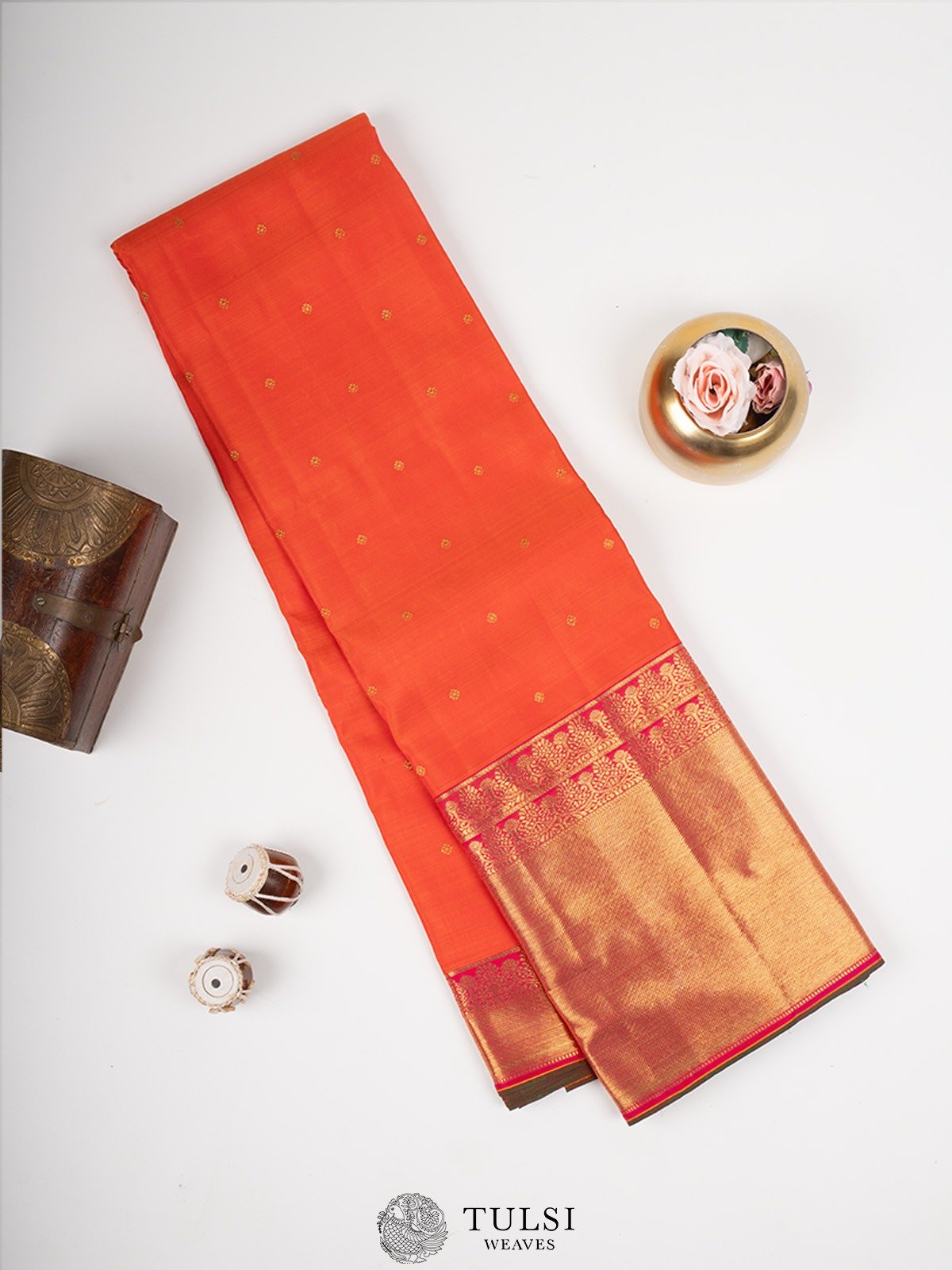 Orange Kanjeevaram Silk Saree with Pink Border