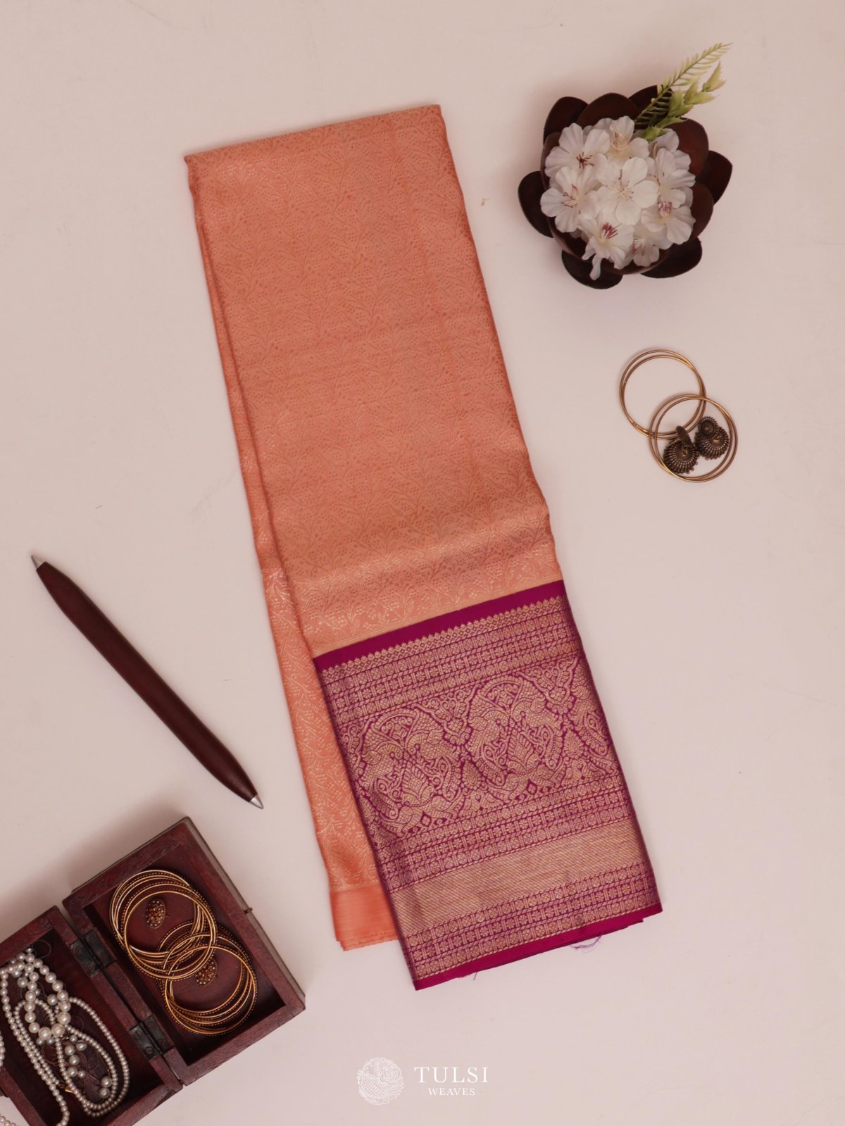 Peach Kanjeevaram Silk Pavadai With Pink Border 