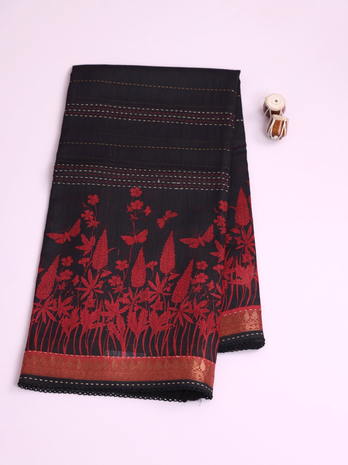 Black Printed Munga Silk Saree With Kantha Embroidery