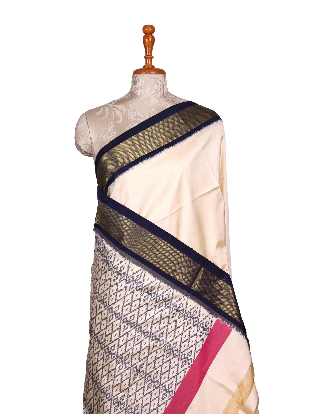 Cream Ikat Silk Saree With Zari Border