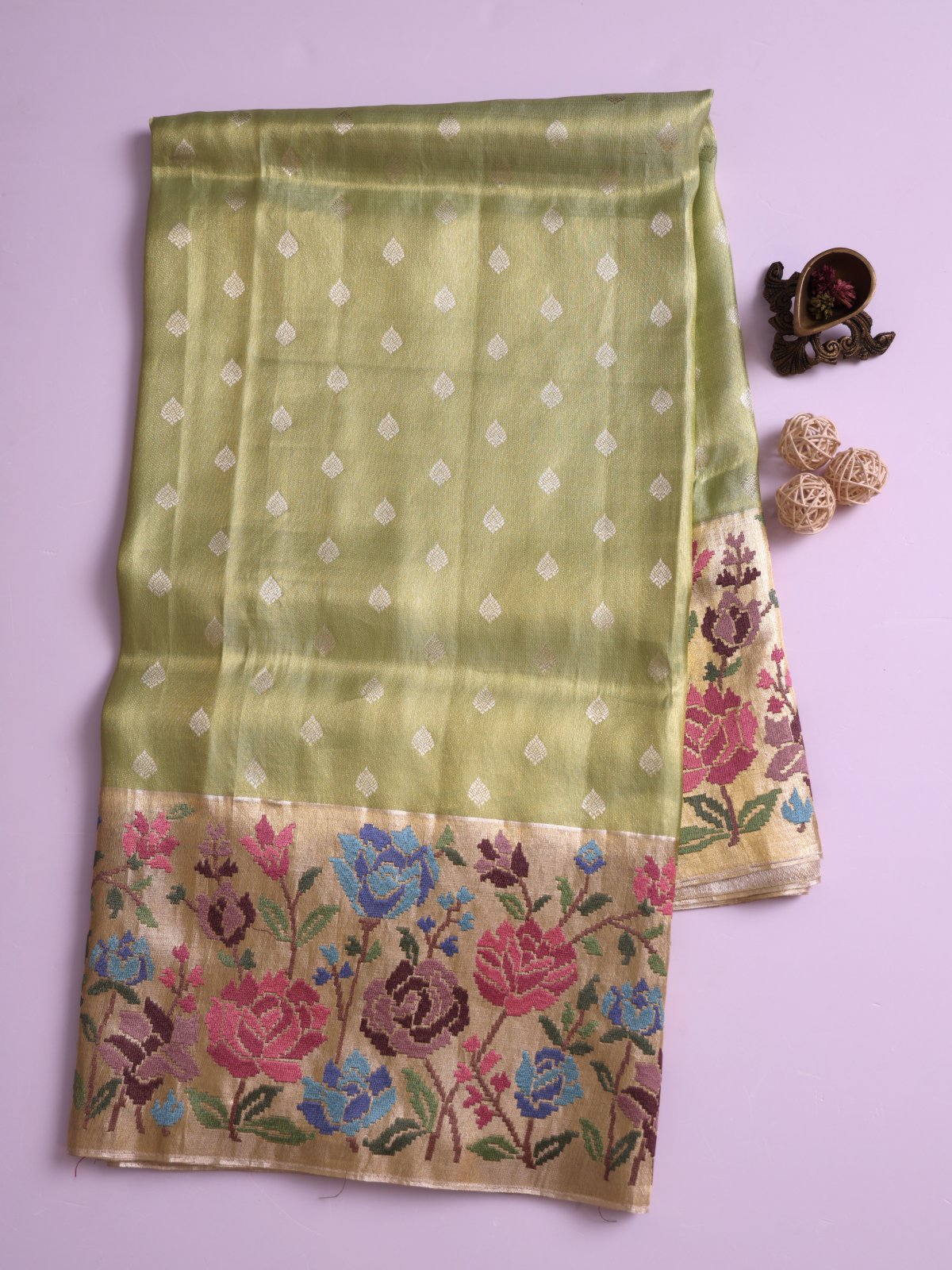 Pastel Lime Green Tissue Kanjeevaram Silk Saree with Embroidered Border