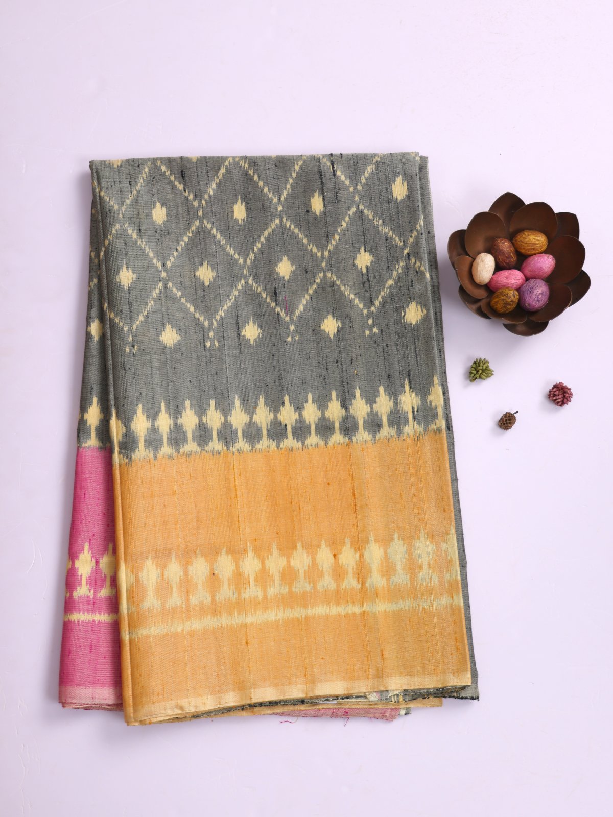 Light Grey Raw Silk Patola Saree With Mustard & Pink Ganga Jamuna Border 