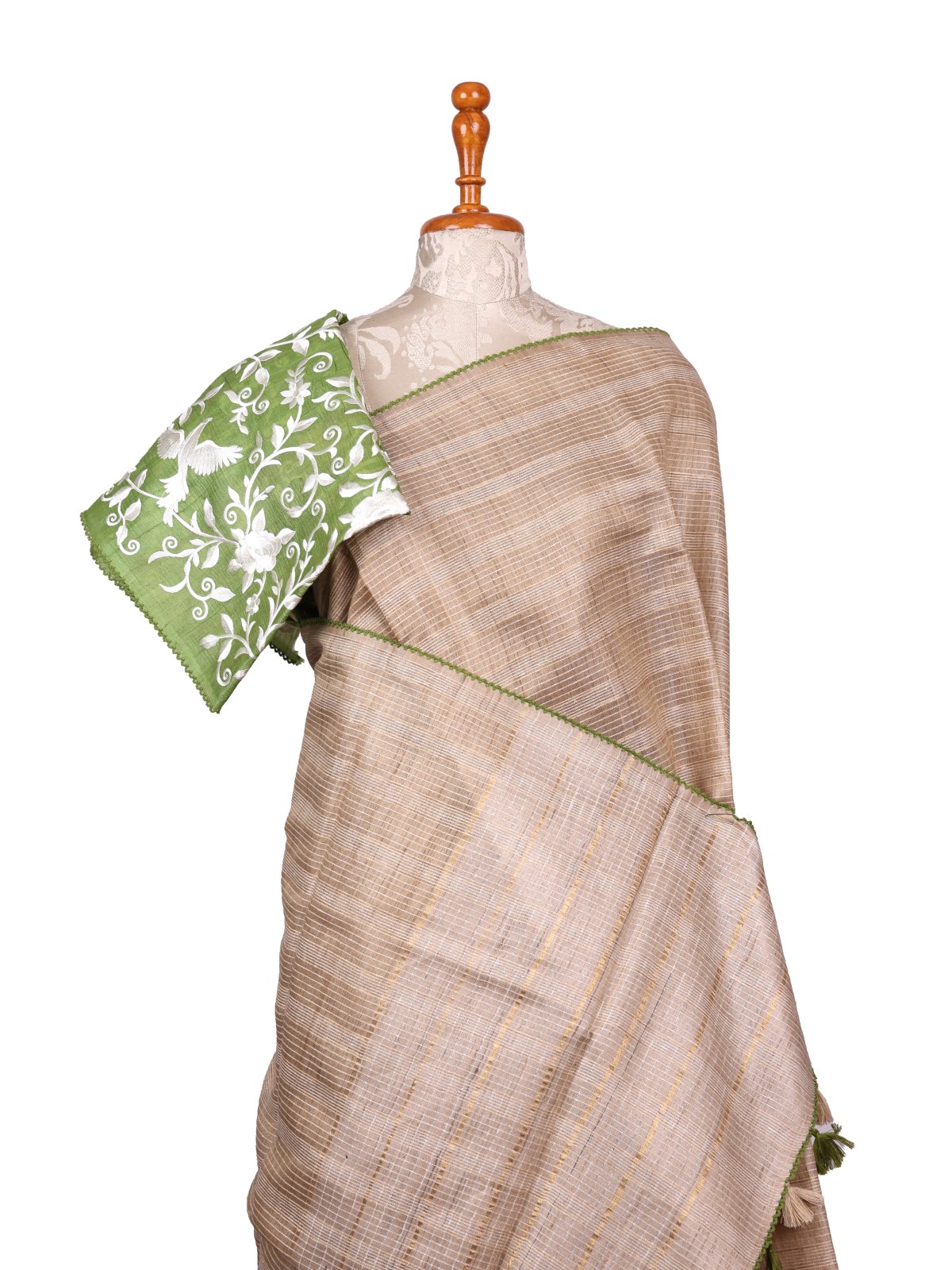 Beige Zari Striped Tussar Silk Saree with Embroidered Blouse