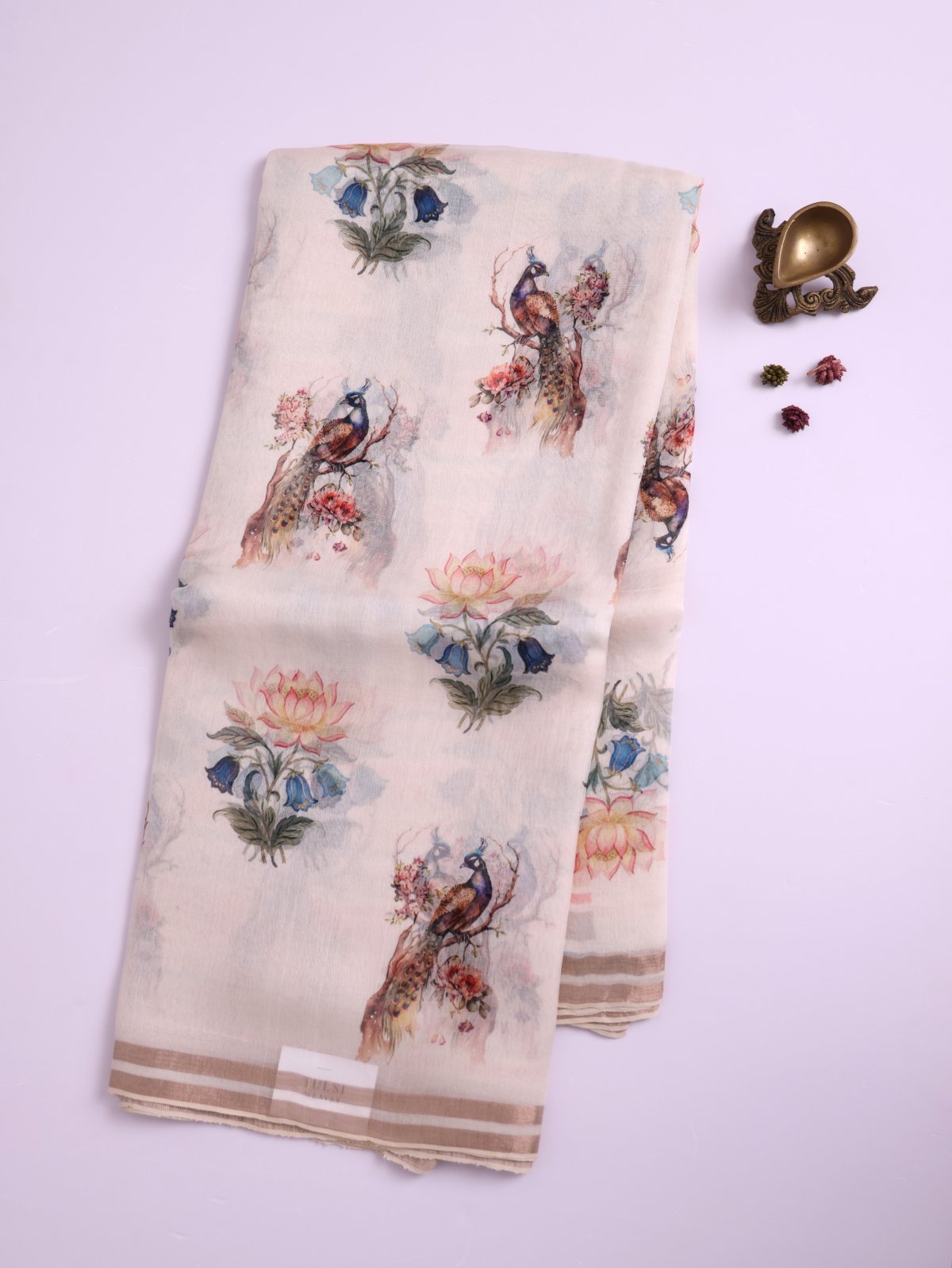 Off White Printed Organza Silk Saree with Jamdani Pallu