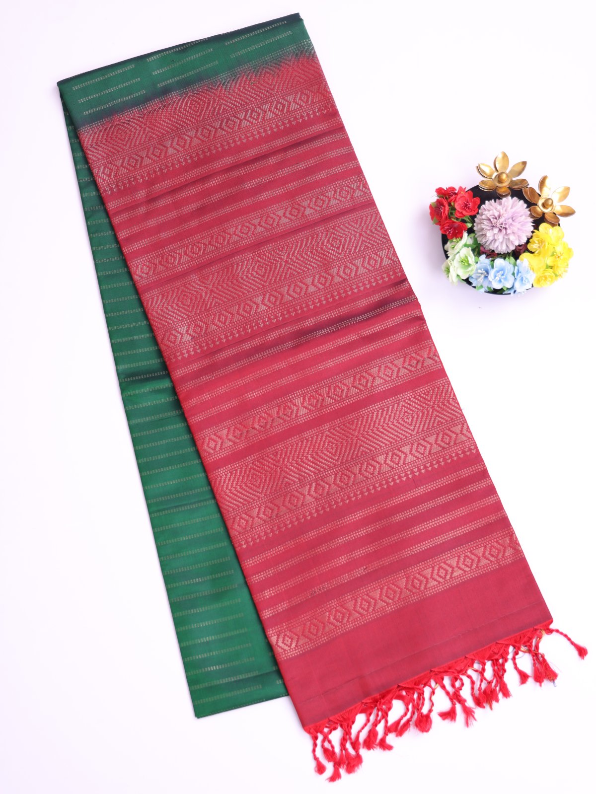 Bottle Green Soft Silk With Maroon Border 