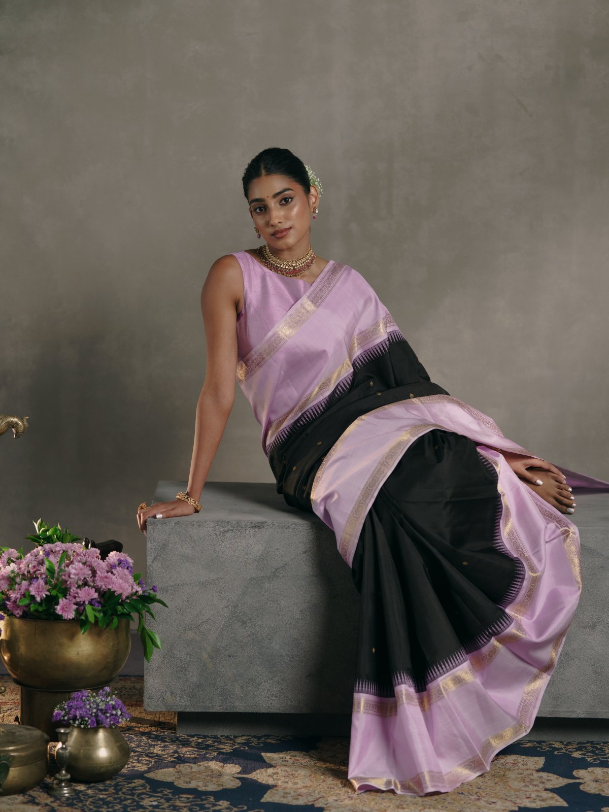 Crafted 5 - Black Kanjeevaram Silk Saree With Lilac Border