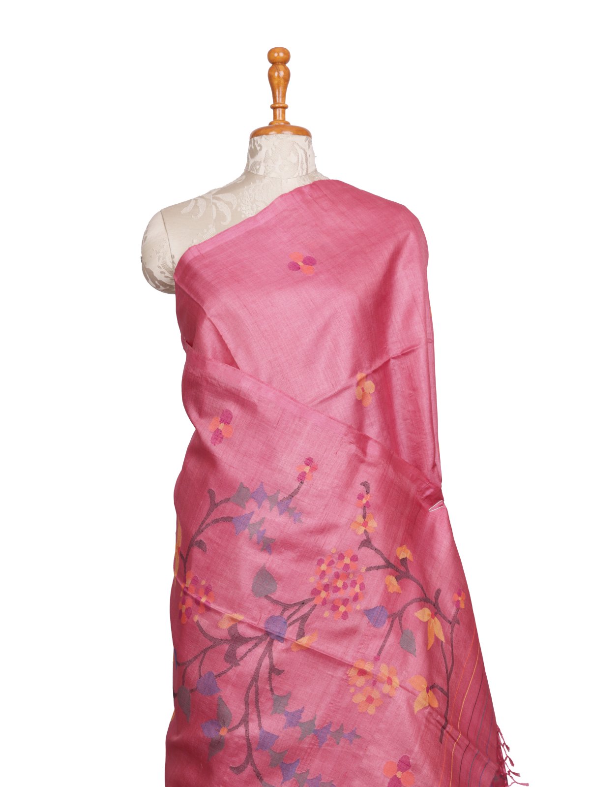 Dusty Pink Kora Tussar Silk Saree With Jamdani Pallu