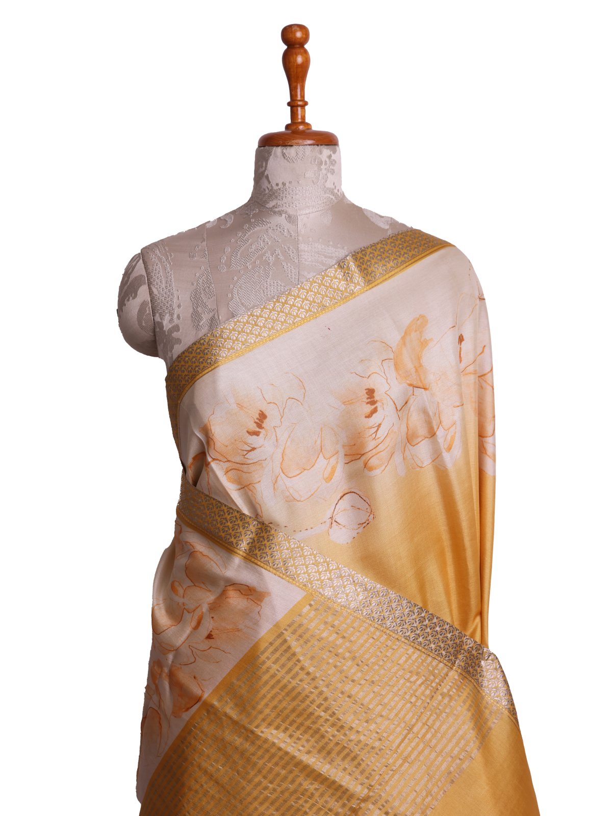 Yellow Printed Tussar Silk Saree With Beige Zari Border