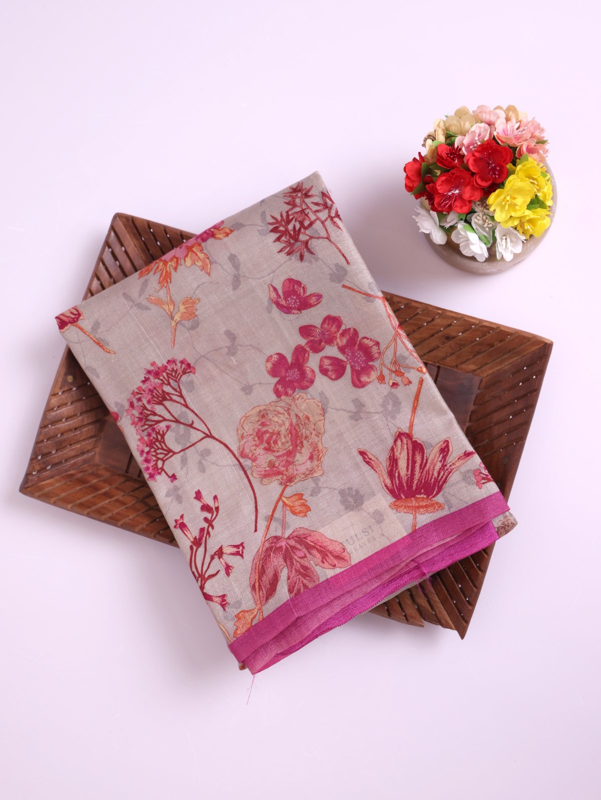 Greige Printed Tussar Silk Saree