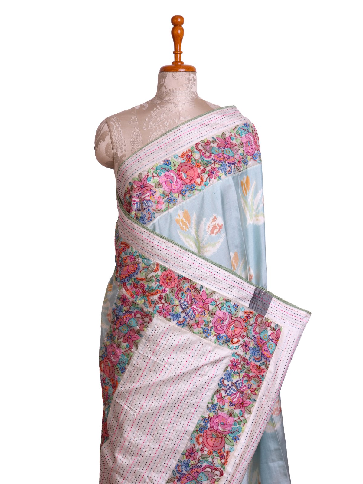 Light Bluish Green Patola Silk Saree with Shadow Embroidered Border