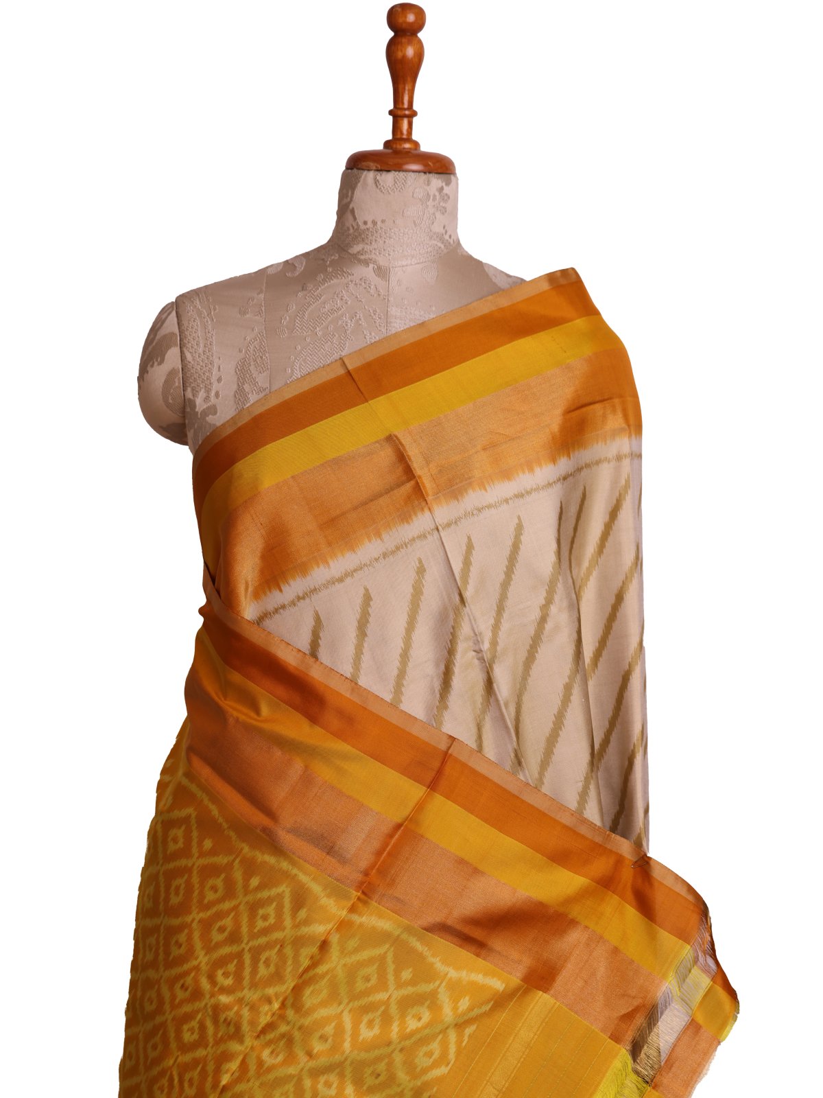 Khaki Ikat Silk Saree With Mustard Yellow Border 