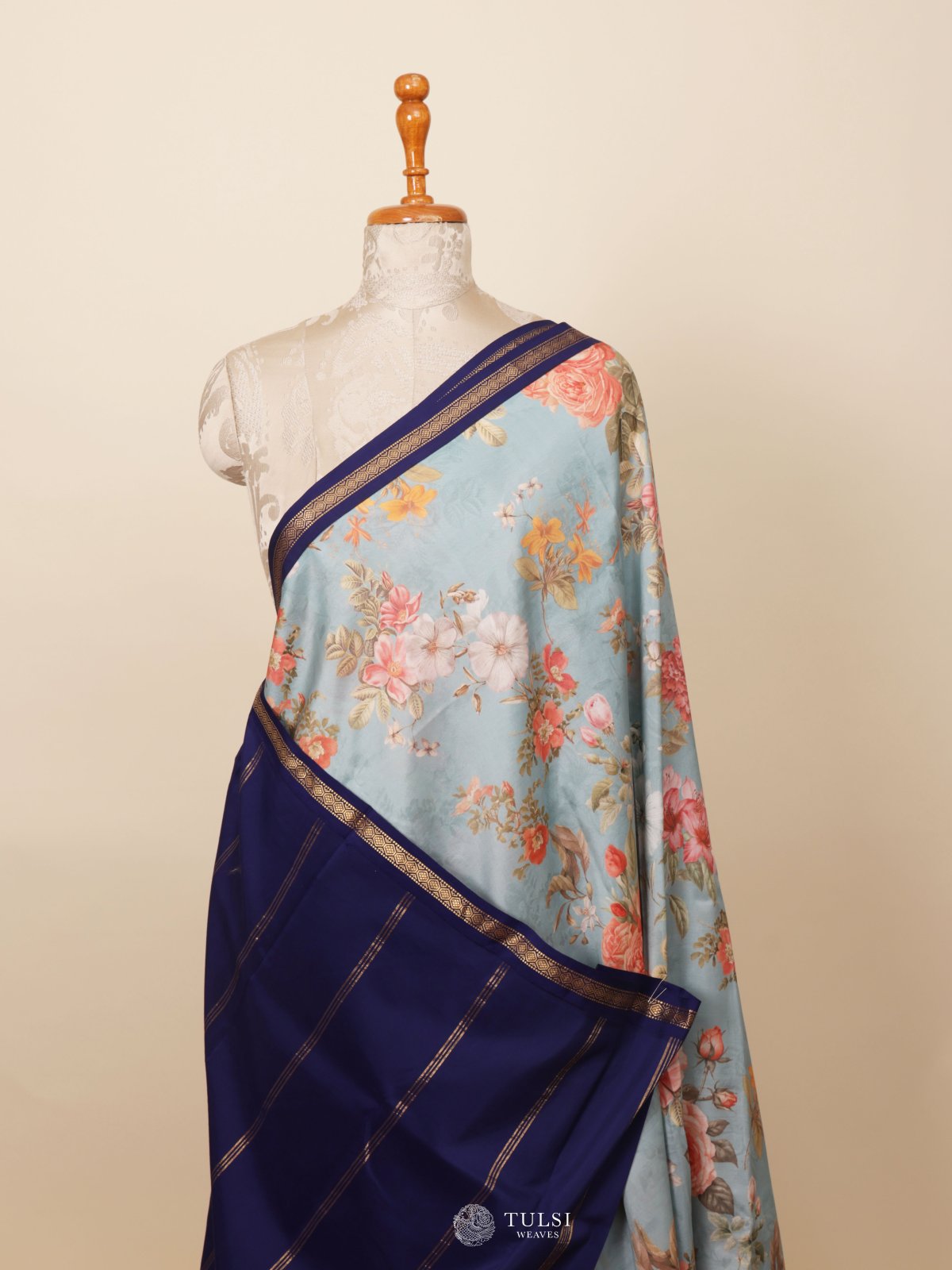 Blue Printed Kanjeevaram Silk Saree