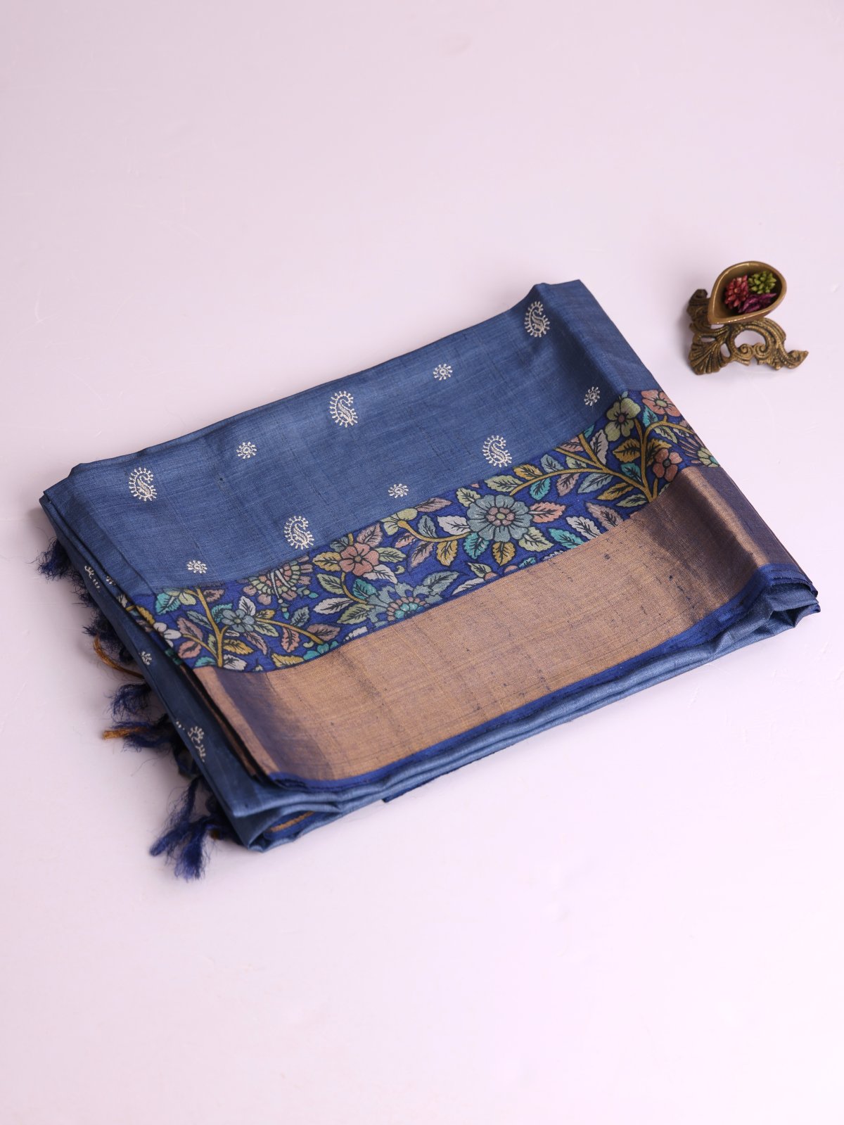 Blue Embroidered Tussar Silk Saree With Zari Border