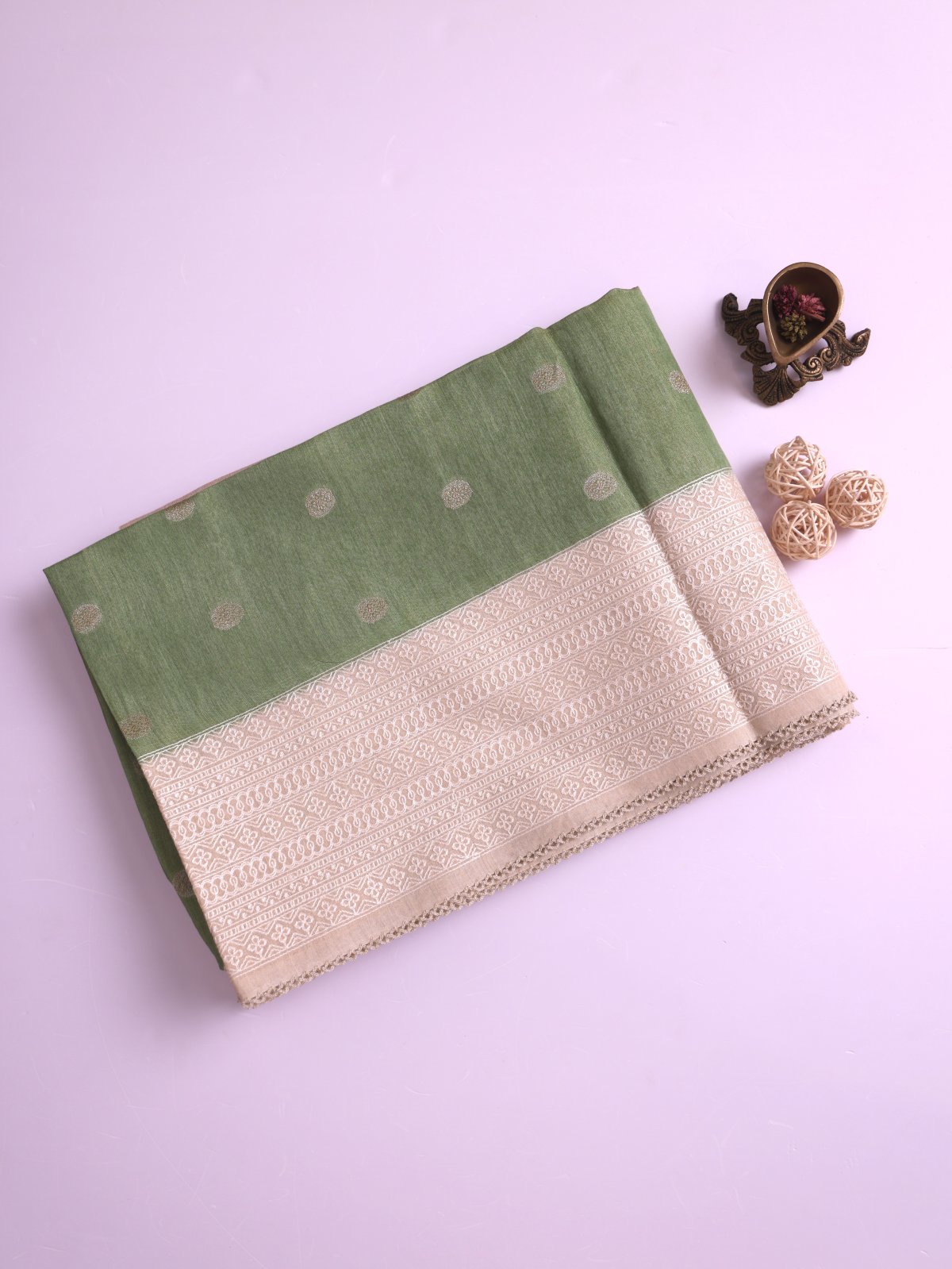 Pista Green Tissue Munga Tussar Silk Saree With Beige Border