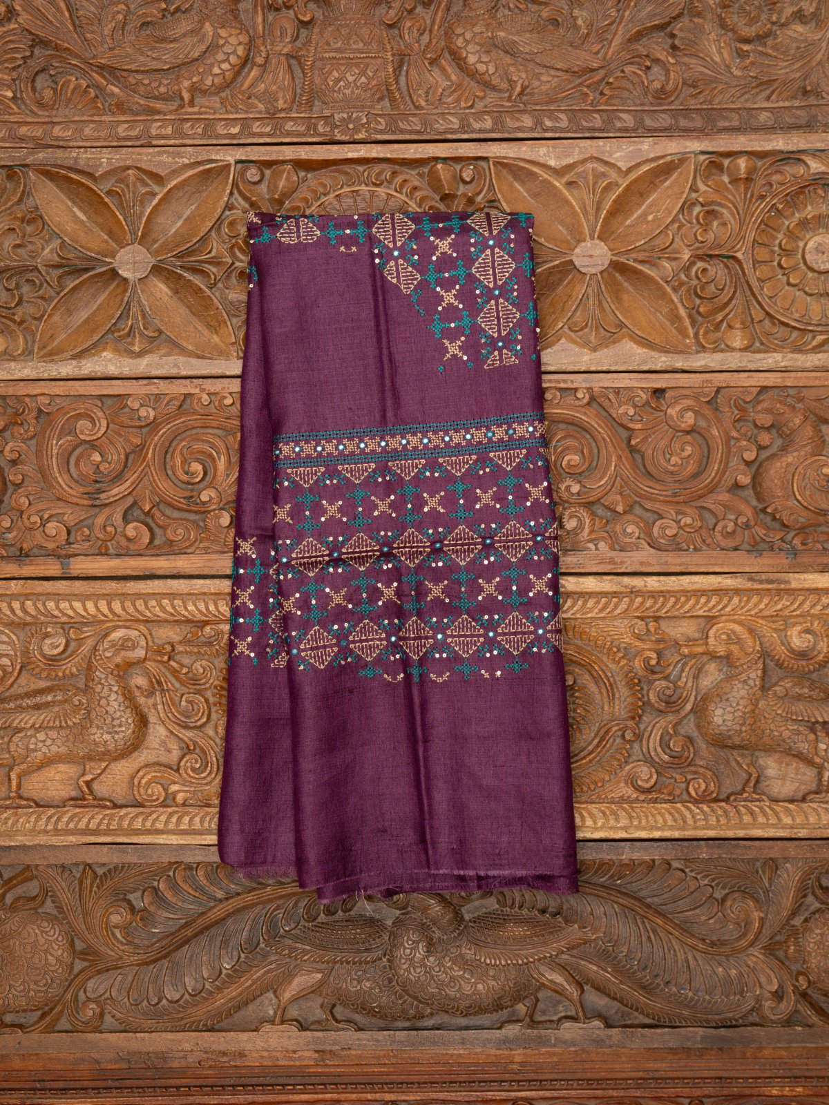 Dark Violet Tussar Silk Blouse With Kantha Embroidery