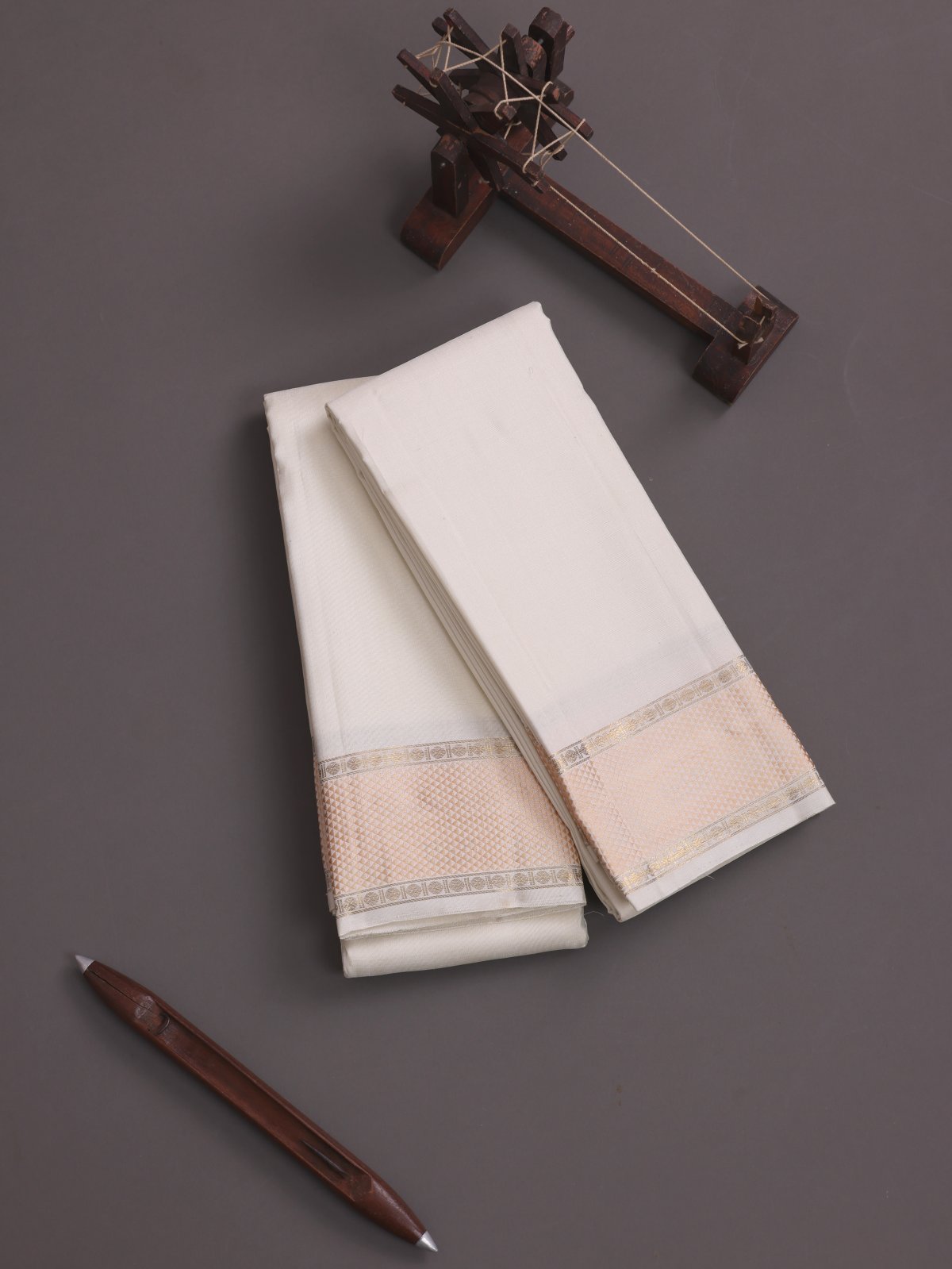 Cream Silk Dhoti And Vasthram With Peach Border