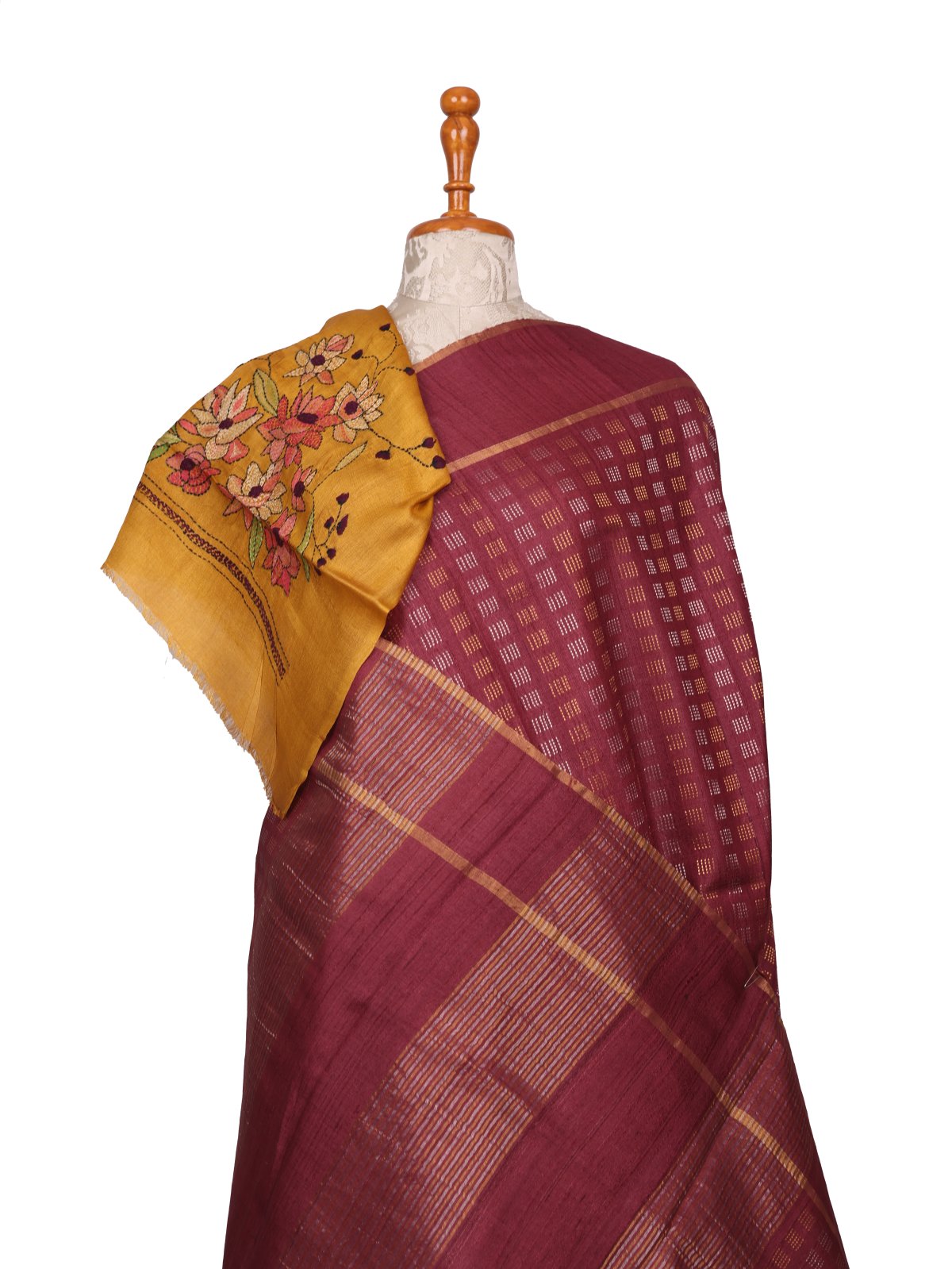 Wine Red Tussar Silk Saree with Kantha Embroidered Blouse