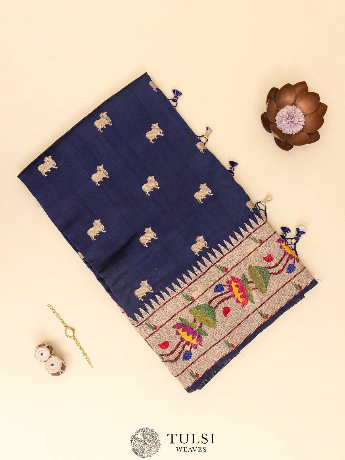 Dark Blue Chaniya Silk Saree with Paithani Border