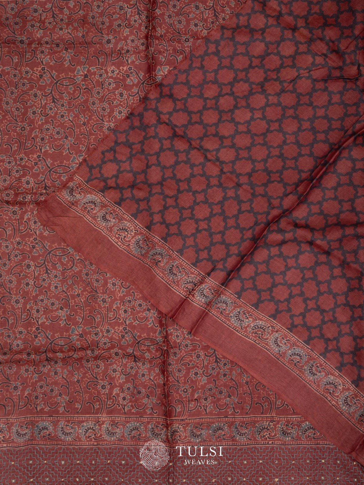 Bright Red Tussar Silk Saree with Resham Embroidery main image 1