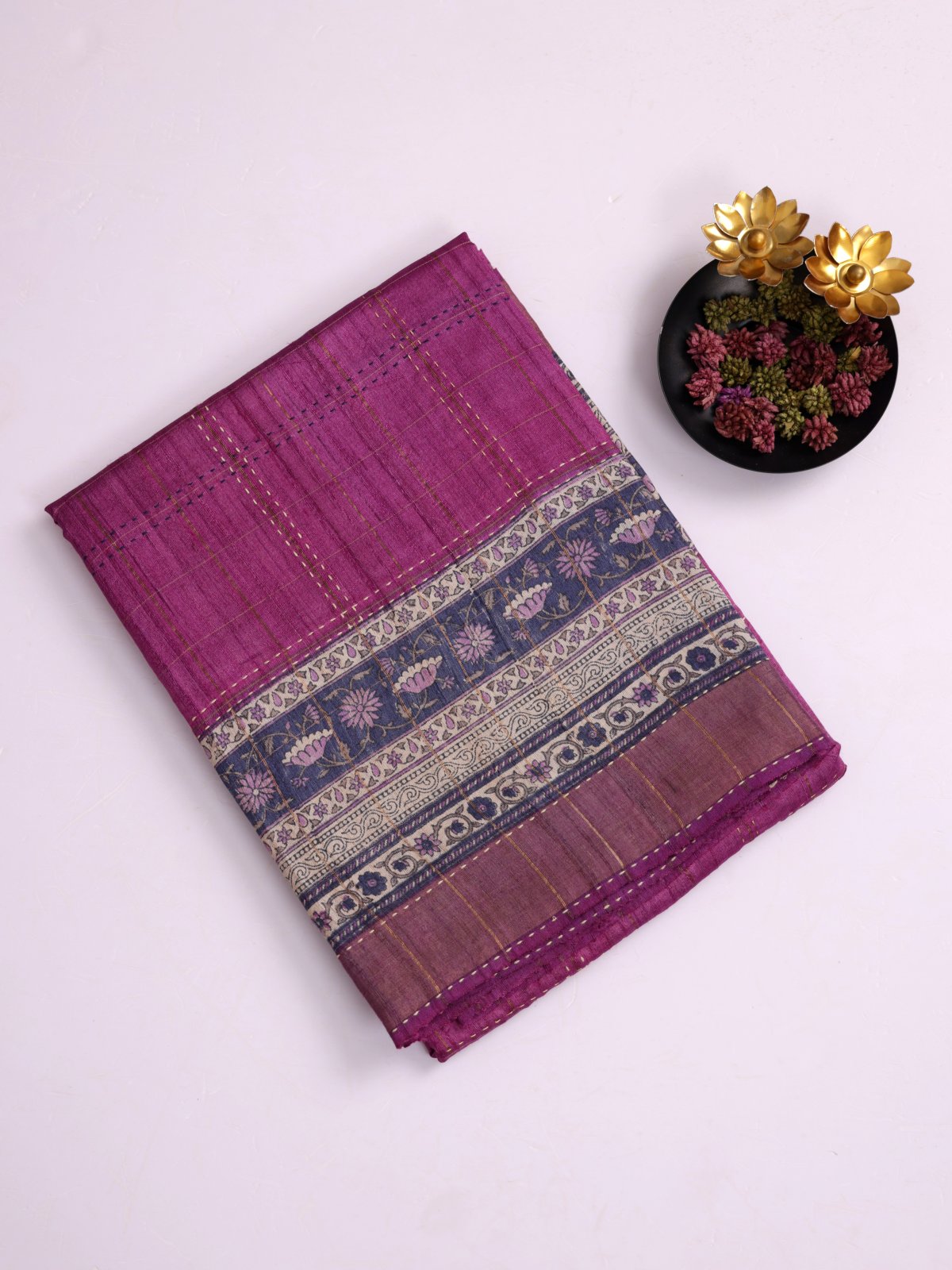 Purple Zari Checked Printed Tussar Silk Saree with Kantha Embroidery