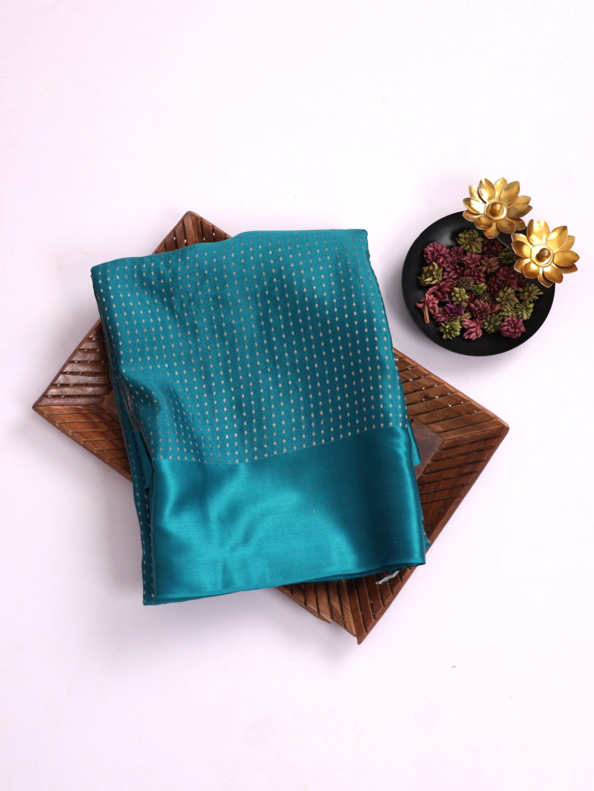 Teal Blue Mysore Crepe Silk Saree With Satin Border 