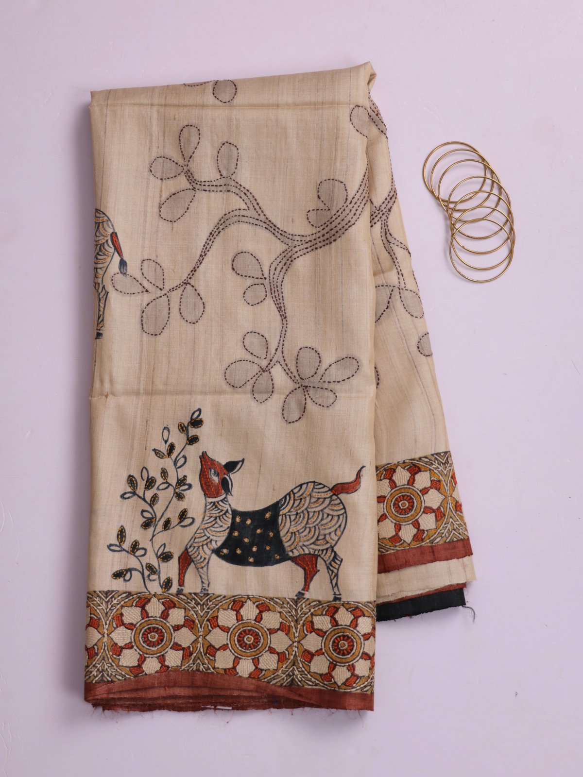 Beige Printed Tussar Silk Saree With Kantha Embroidery