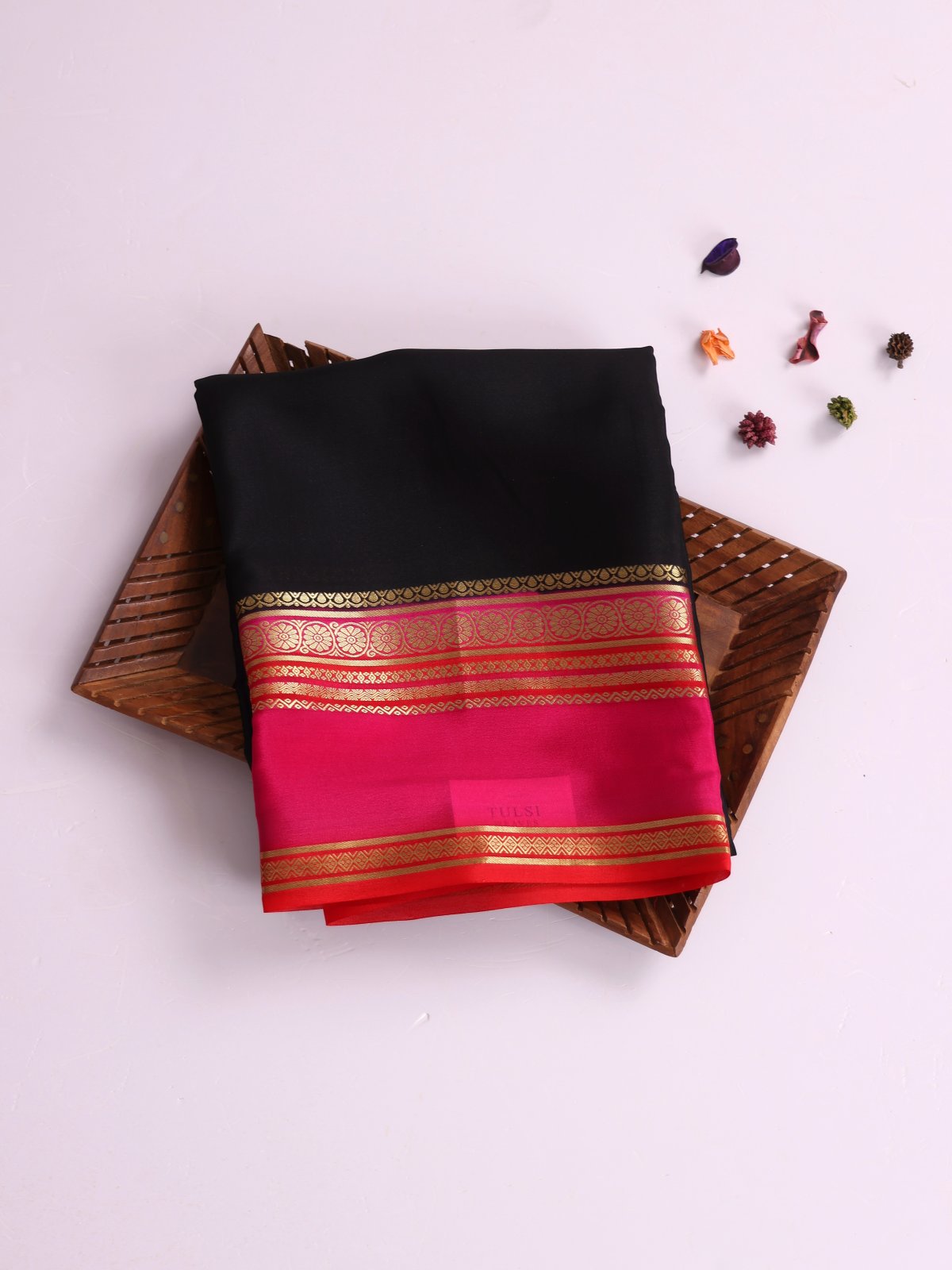 Black Mysore Silk Saree With Pink Satin Border