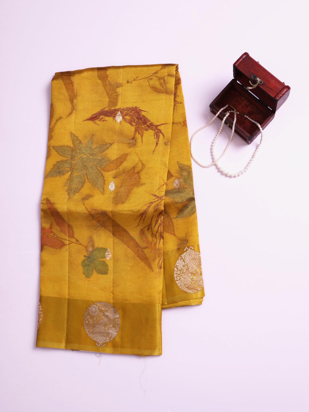 Mustard Yellow Eco Print Tussar Silk Saree with Self Satin Border