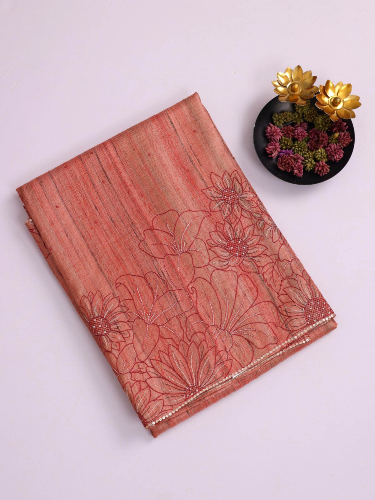 Orange Tussar Silk Saree with Embroidery