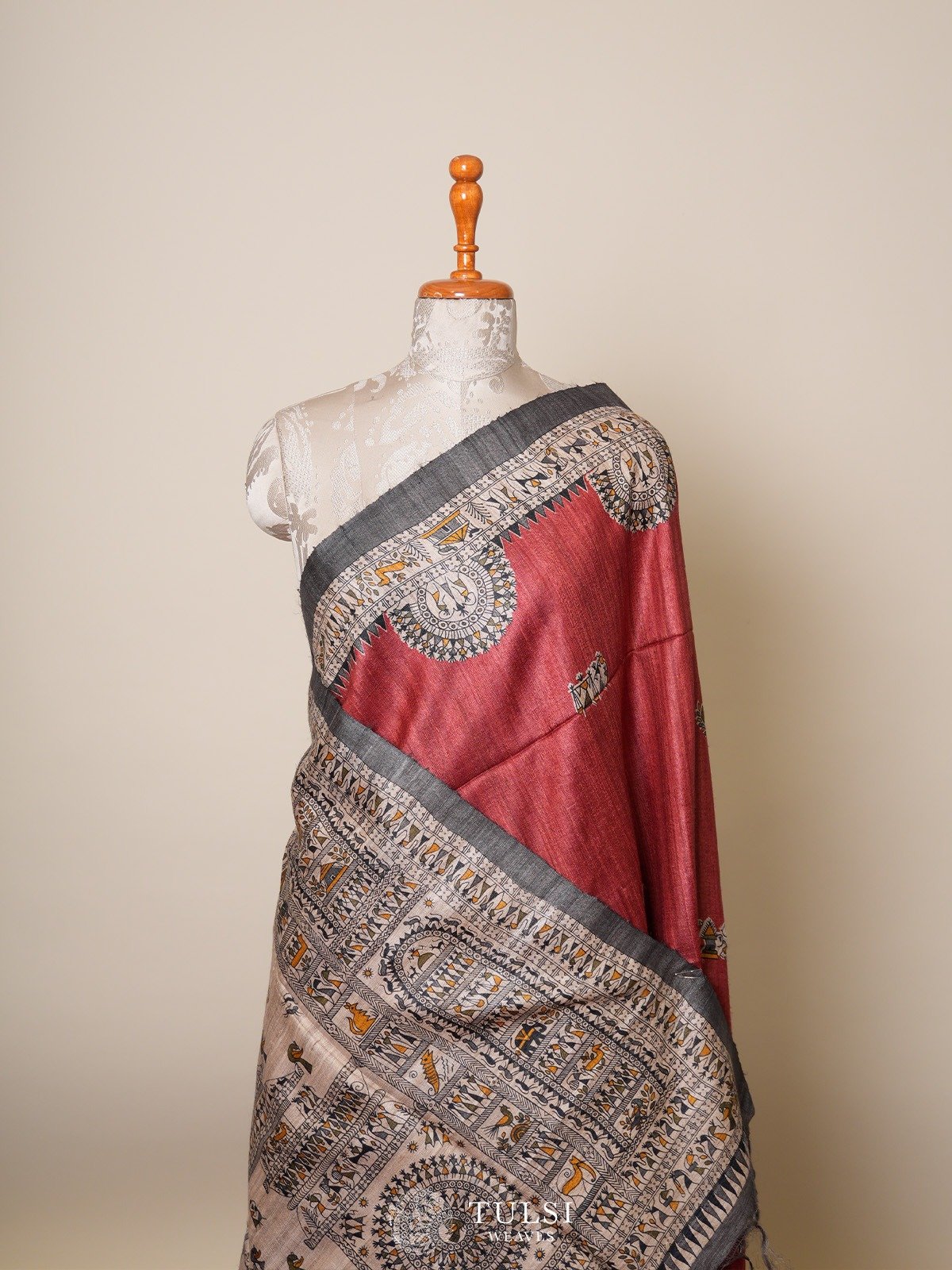 Dusty Red Tussar Silk Saree