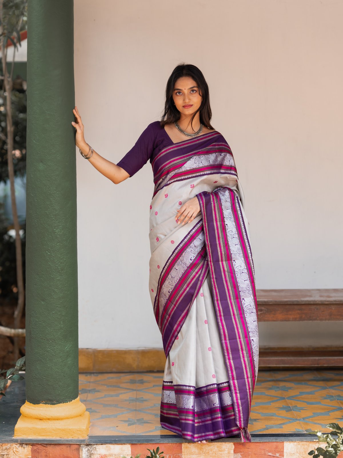 Grey Kanjeevaram Silk Saree With Purple Border and Brocade Blouse