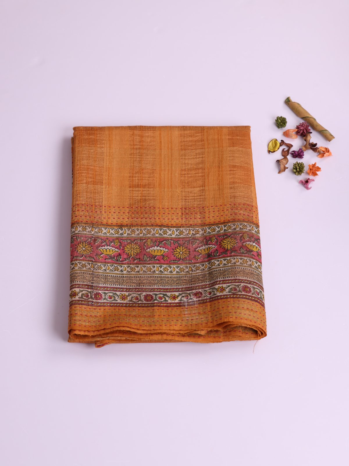 Pastel Orange Zari Checked Tussar Silk With Printed Border