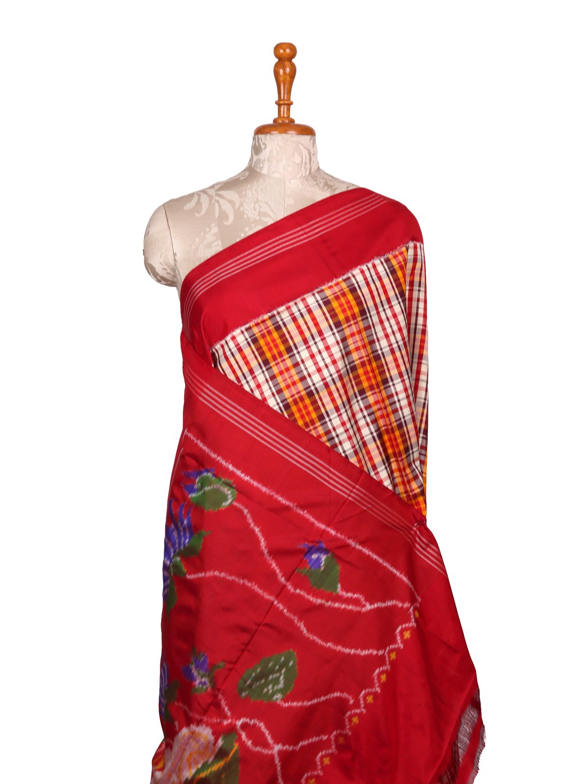 Multicolor Checked Ikat Silk Saree with Red Border