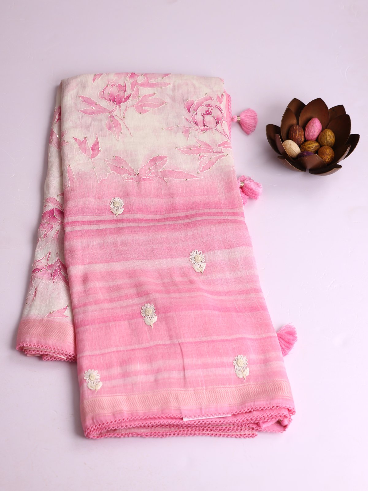 Off-White Printed & Embroidered Linen Saree With Pink Border