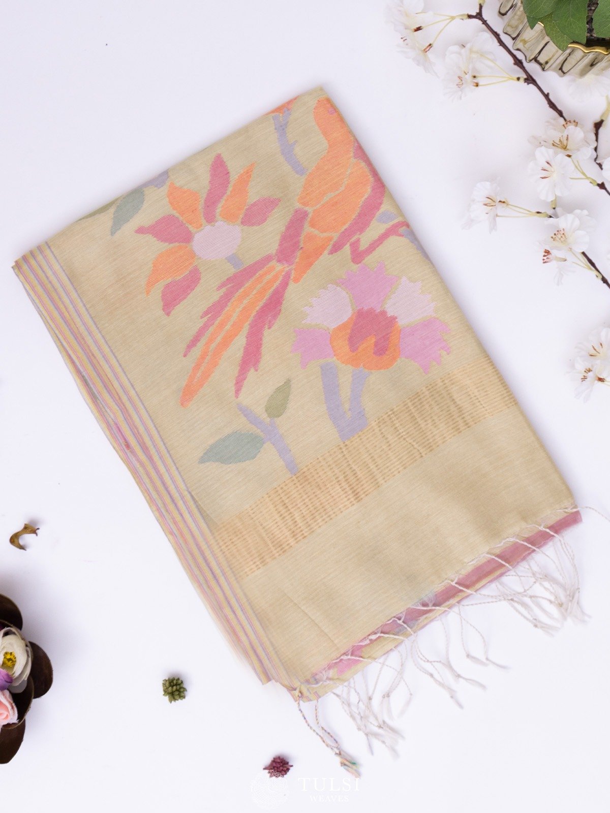 Cream Beige Chanderi Jamdani Silk Saree