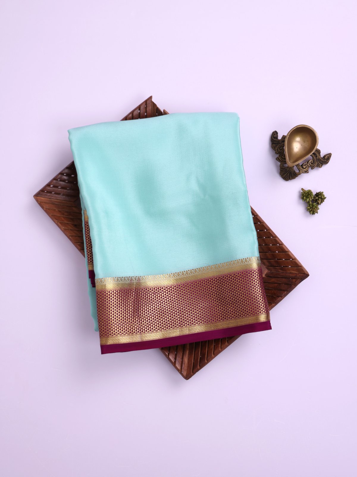 Light Blue Mysore Silk Saree with Purple Zari Border
