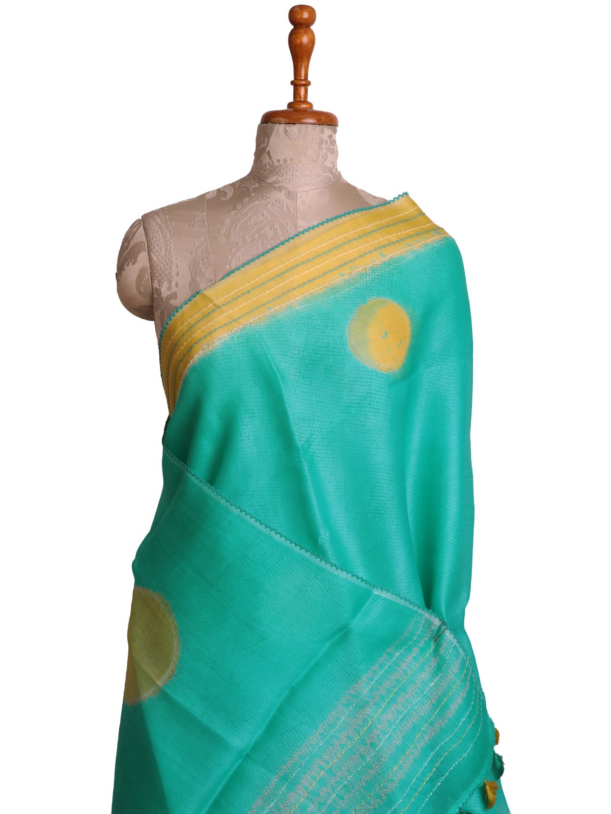 Teal Blue Shibori Organza Saree With Yellow Kantha Embroidered Border
