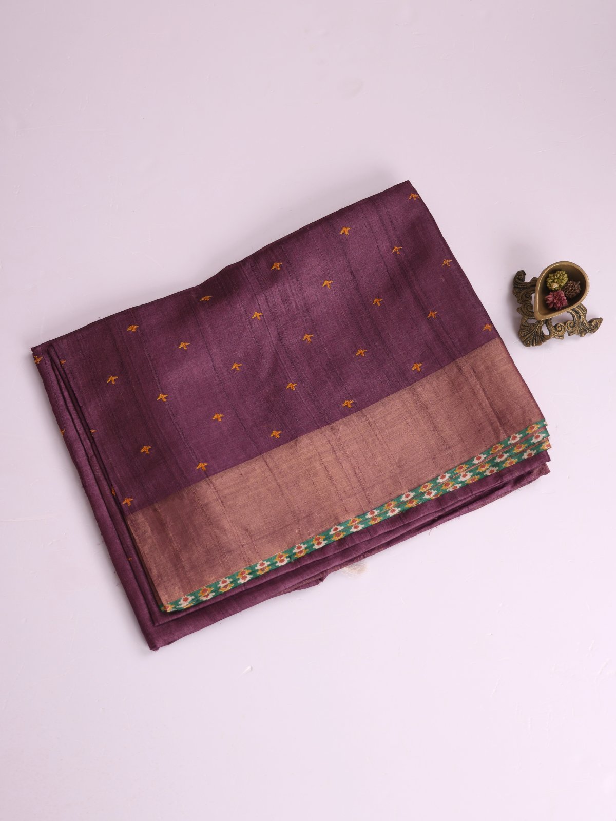 Dark Purple Half And Half Embroidered Tussar Silk Saree With Zari Border